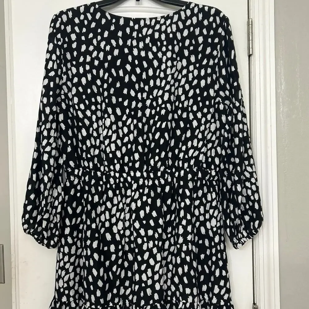 Vineyard Vines Black White Silk Blend Dress Large V Neck Long Sleeve Ruffle Hem - Picture 12 of 16